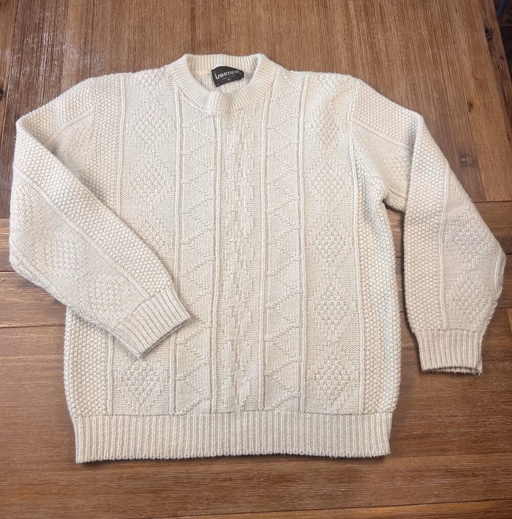 Vintage Lahmar USA Made Cream Textured Knit Sweater Men’s Large Cozy Winter
